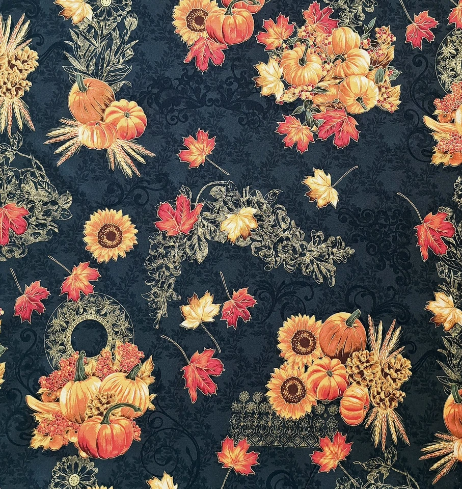 1 Yard Maple Lane Autumn Pumpkins Fall Leaves 100% Cotton Sewing Fabric Hoffman - Image 1 of 1