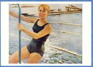 S.Luppov 1963 Russian postcard YOUNG WOMAN ATHLETE SWIMMING SUITE SWIMMING POOL - Bild 1 von 2