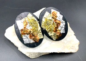 Unique Hand Made Leather Clip On Earrings Black Gold Silver tone Oval NEW ca 2” - Picture 1 of 10