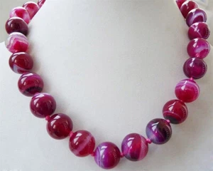 "Collar de cuentas redondas de piedra preciosa ónix ágata natural a rayas fucsia de 18" - Imagen 1 de 5