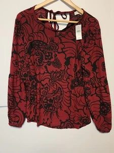 Ann Taylor Loft Women's Red Blacl Paisley Print Tie Back Top Small NWT - Picture 1 of 6