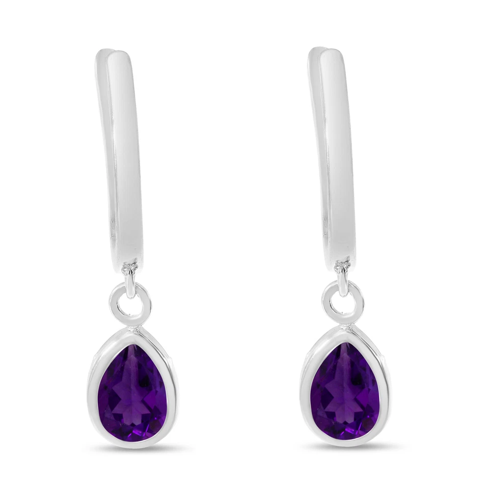 14K White Gold Pear Amethyst Dangle Birthstone Huggie Earrings - Image 1 of 1