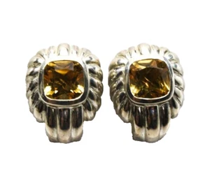 Judith Ripka 925 Sterling Silver Earrings, Cushion Cut Citrine, Omega Clip - Picture 1 of 7