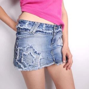 Moto Denim skirt mini Ladies 6 XS Star Topshop Jean Patchwork Micro Y2K Vintage - Picture 1 of 15
