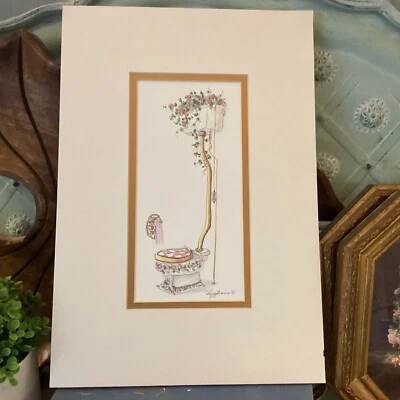 Peggy Abrams Signed Print Matted Gold Trim Victorian Bathroom Art Unframed 9x13 - Image 1 of 4