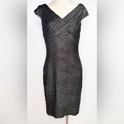 Tadashi Shoji Pleated Sheath Cocktail Dress Black Silver Knee Length Size 10 - Image 1 of 4