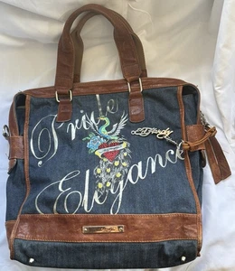 Borsa tote vintage Ed Hardy Y2K denim e pelle Pride Elegance Christian Audigier - Foto 1 di 12