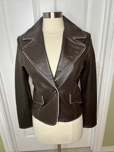 Wilsons Leather Blazer Jacket Brown Retro Piping Whipstitch Structured S Vintage - Picture 1 of 17