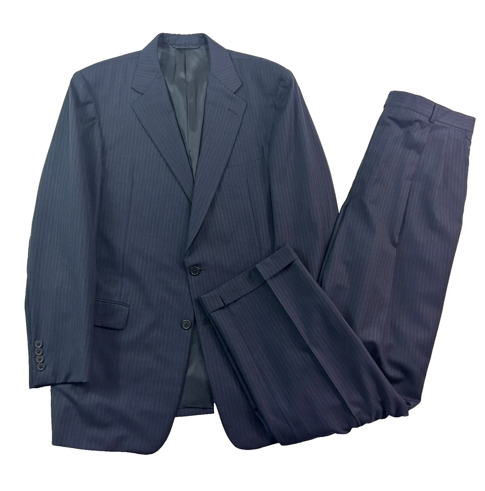 Hickey Freeman Canterbury 42L 34x34 2pc Pant Suit Navy Blue Brown Stripe USA - Image 1 of 4