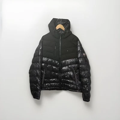 Tommy Hilfiger Chevron Colorblock Chaqueta acolchada con capucha para hombre grande negra gris Foto 1 de 4