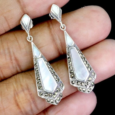 Pendientes de plata de ley 925 elegantes nácar marcasita piedras preciosas joyería Foto 1 de 4