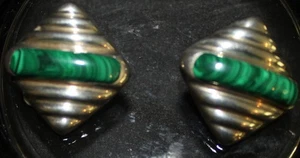 Mexico Taxco Sterling Silver 925 Malachite Ribbed Clip On Big Earrings  1.25" - Picture 1 of 12