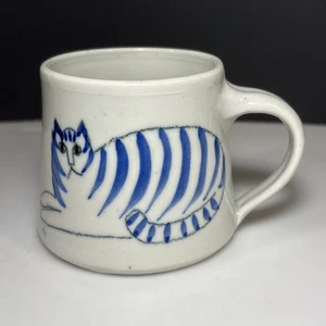 Solveig Cox Keramik blau gestreift Katze Becher unsigniert ISTZUSTAND - Bild 1 von 12
