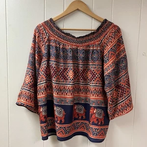 JAPNA Womens Elephant Print Top Smocked SIZE Medium Boho Artsy Flowy India - Picture 1 of 8