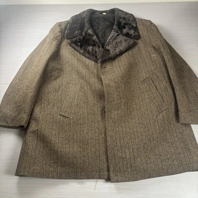 VINTAGE Thoroughbred by Emery Coat Mens 48 Brown Herringbone Faux Fur Collar - Image 1 of 4