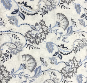 Scalamandre Adara Embroidered Delft Jacobean Linen Blue Fabric BTY # 14 - Picture 1 of 10