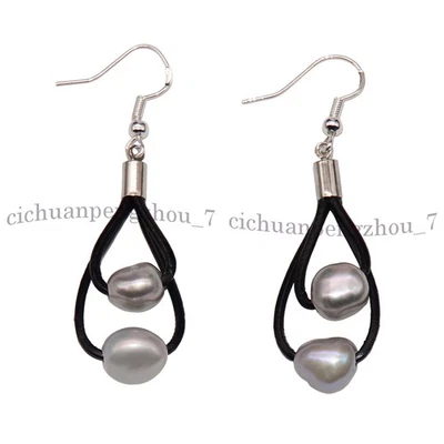 Multicolor Freshwater Baroque Pearl Black Leather Rope Dangle Earrings 9-10mm - Image 1 of 4