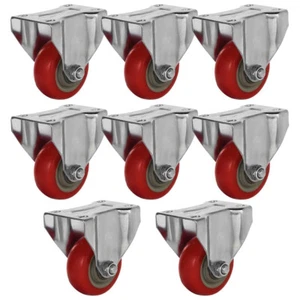 8 Pack 3" Rigid Fixed Polyurethane Red Non Swivel Caster Wheels - Picture 1 of 9