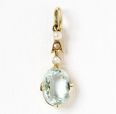 Kleiner Jugendstil Anhänger 14 Karat 585 Gold Gelbgold Blautopas Perlen 1,3 g - Bild 1 von 3