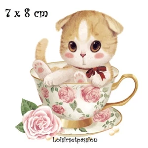 Patch Applique, Dessin Transfert thermocollant, CHATON, Tasse Fleurs Roses, T019 - Foto 1 di 1