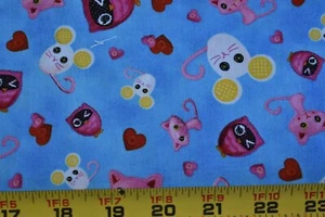 35" Long/Pink Yellow White Cat Owl Mouse on Blue Cotton/Quilting Treasures,N4145 - Picture 1 of 4