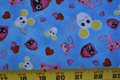 35" Long/Pink Yellow White Cat Owl Mouse on Blue Cotton/Quilting Treasures,N4145 - Image 1 of 4