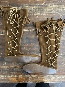 VTG Minnetonka Fringe Knee Tall Boot Moccasins Leather Brown Women's Size 8 - Picture 1 of 10