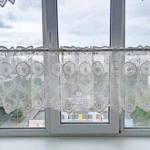 Flowers Curtain 18" x 96" White Nylon Lace Valance French Cafe Window Panel VTG - Picture 1 of 13