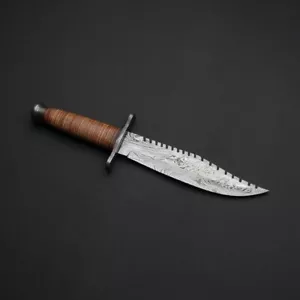 Handmade Damascus Bowie Knife Sharp Blade Leather Handle With Leather Sheath - Picture 1 of 3