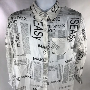 LETTER PRINTED WOMENS BUTTON DOWN SHIRT XL WHITE NWT LONG SLEEVE COLLARED NEWS - Picture 1 of 15