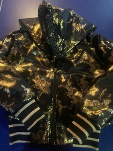 Baby Phat Women's Black and Gold Puffer Jacket medium, Faux Fur Detachable Hood - Picture 1 of 9