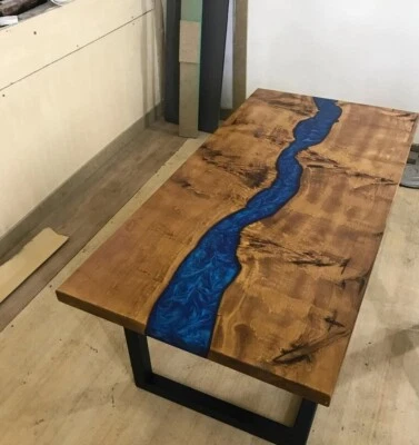 Blue River Epoxy Dining Table Top, Live Edge Epoxy Wooden Table Top, Home Decor - Image 1 of 4