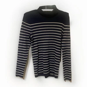 Ralph Lauren Sport Size L Women's Polo Top Turtle Neck Logo White/Blue Striped - Picture 1 of 4