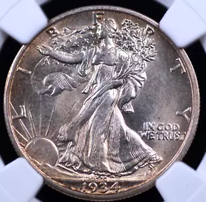 1934 S WALKING LIBERTY HALF DOLLAR NGC MS61 SILVERY WHITE AND HINT OF PALE AMBER - Picture 1 of 7