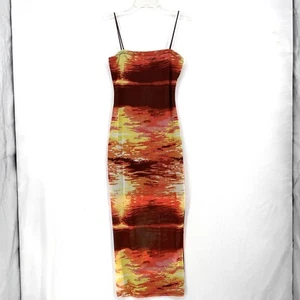 Forever 21 Sunset Mesh Midi Dress Orange Tan Size Small Beach Sexy Retro Bodycon - Picture 1 of 7