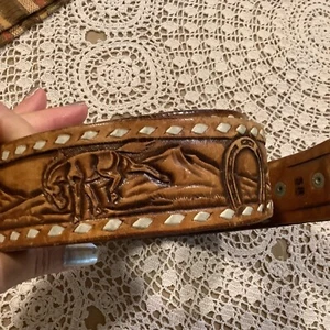 Cowgirl rustic tooled rancher horse cactus 1 3/4" leather belt 38" Western rodeo - Picture 1 of 14