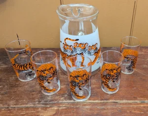 Vintage Esso (Exxon) Tiger Federal Frosted Glass Pitcher w/ 5 Clear Glasses - Picture 1 of 14