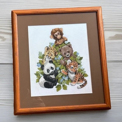 "Animales bordados enmarcados habitación infantil zoológico tigre mono elefante panda 15x17""" Foto 1 de 4