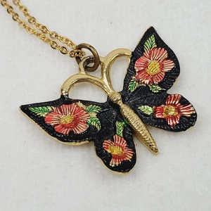 Vintage Avon bemalt Blumen Schmetterling Anhänger Halskette goldfarben 18" lange Kette - Bild 1 von 7