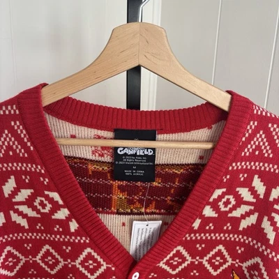 Cardigã masculino Garfield Odie vermelho Fair Isle feio botão de Natal M slim fit novo sem etiquetas - Imagem 1 de 4