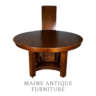 Antique Round Oak Dining Table w/ Story Book Panel Base - Mission Style #22483 - Image 1 of 4