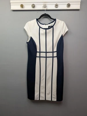 Ronni Nicole Dress Womens 12 Navy Blue White Sheath Short Sleeve Stretch Lined - Image 1 of 4