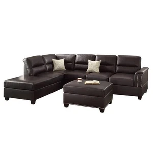 Poundex 3 Piece Faux Leather Sectional Sofa Set with Ottoman in Espresso - Picture 1 of 5