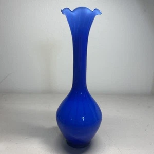 Vintage Cobalt Blue/white Hand Blown Glass Vase Fluted Edge White Swirls 8” Tall - Picture 1 of 5