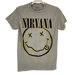 Officially Licensed Nirvana Nevermind Smiley Grunge Tee Beige Acid Wash Small - Picture 1 of 5