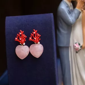 Ohrringe Clip Auf Ohrhänger Koralle Emaille Rot Herz Rosenquarz DZ1 - Bild 1 von 9