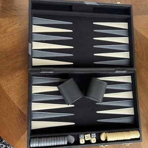 Vintage Deluxe Backgammon Set Faux Leather Gray Black and White Taiwan - Picture 1 of 9