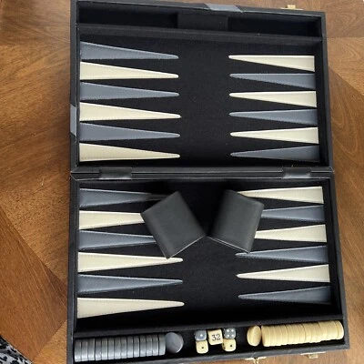 Vintage Deluxe Backgammon Set Faux Leather Gray Black and White Taiwan - Image 1 of 4
