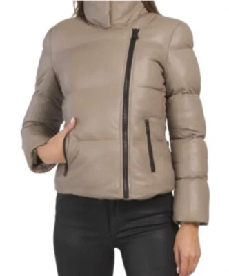 NWT BOD & CHRISTENSEN STAND NECK QUILTED PUFFER LEATHER Taupe JACKET SIZE S - Image 1 of 4