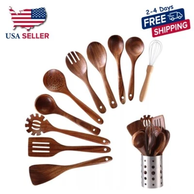 Wooden Kitchen Utensils set 11 PCS Wooden Cooking Spoons and Spatula for Cooking - Image 1 of 4